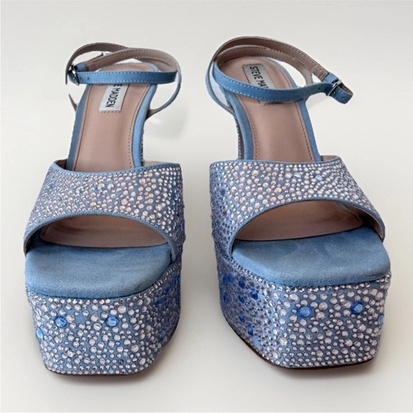 Steve Madden Blue Lightness Rhinestone Chunky Platform Heels Sandals Shoes - Picture 3 of 9
